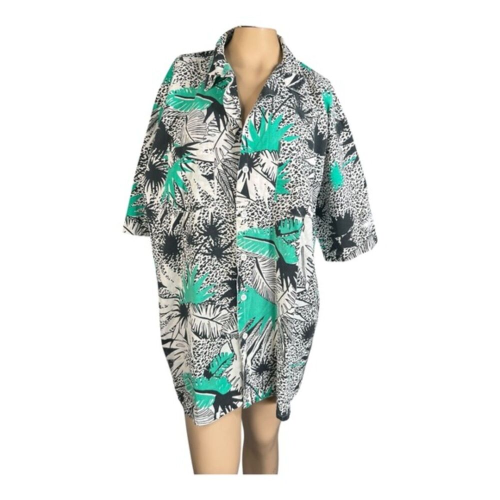 Vintage Belleraft Button Down Shirt XL – Green & Black Tropical Leaf Print
